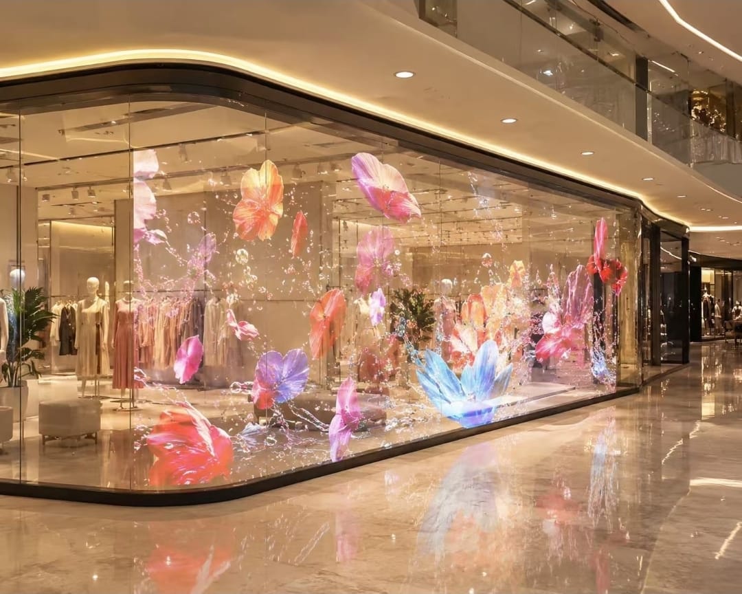 Pantalla LED Transparente en fachada comercial